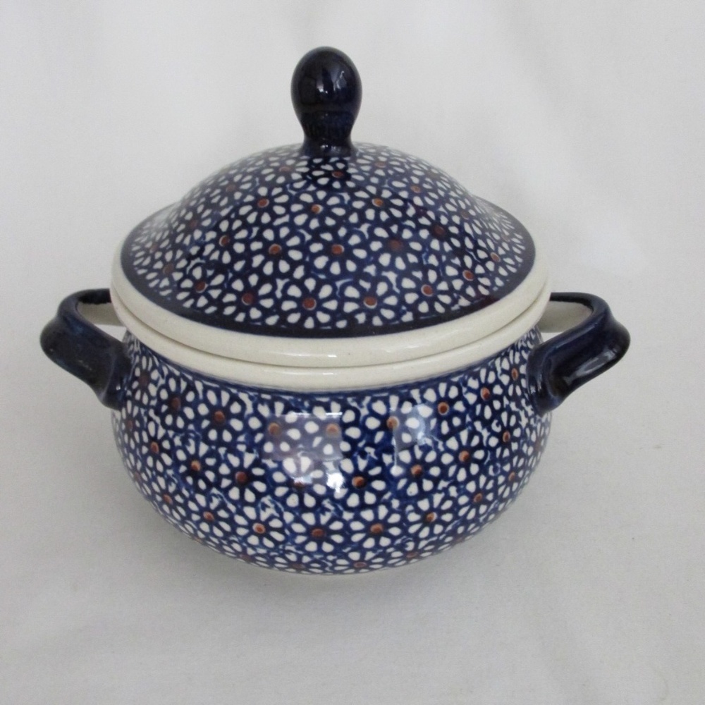 Polish Pottery Blue White Red Floral Round Jar Canister w Lid 5" NWT